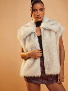 SHEIN Unity Fluffy VEST COAT WITH COLLAR - Beige - View 7
