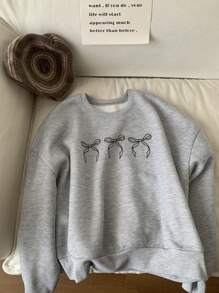 DAZY 宽松保暖内衬圆领运动衫，带蝴蝶结装饰，适合女士秋季服装 - 灰色 - 查看 5