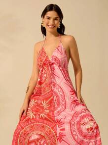 CAJUNI Women's Summer Boho Coconut Tree & Tropical Floral Print Contrast Color Sleeveless Maxi Casual Beach Party Dress