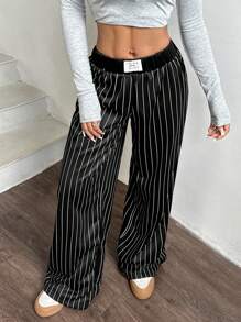 SHEIN EZwear Women Autumn/Winter College Style Striped Ribbed Waist Relaxed Wide Leg Sweatpants - Black and White - View 5