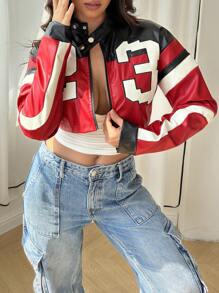 Women's Colorblock Bomber Jacket With Numeric Pattern, Short Cropped Design, Suitable For Spring And Autumn Casual - Red - View 6