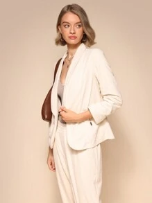 SHEIN Unity 纯色褶皱长袖灯芯绒无扣休闲长款大衣 - 杏色 - 查看 5
