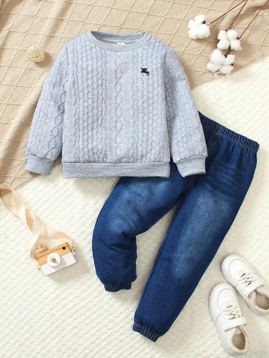 SHEIN Vintaside Kids Set da 2 pezzi per ragazzi: felpa girocollo a maniche lunghe con stampa cavaliere a cavallo, felpa in maglia a costine e pantaloni in jeans lavati, adatto per ritorno a scuola, autunno/inverno, Ognissanti, Natale