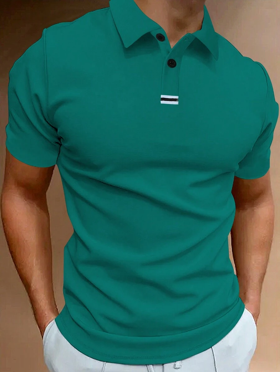 Manfinity Homme Men's Casual Versatile Striped Ribbon Detail Short Sleeve Polo Shirt - Green - View 1