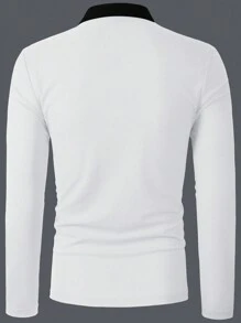 Calvornis Men Colorblock Trim Button Embroidered Casual Long Sleeve Polo Shirt, Golf Shirts For Men, Fall - White - View 2