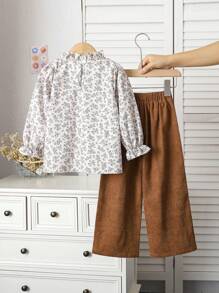 SHEIN Vintaside Kids 2pcs/Set Young Girl Ditsy Floral Frill Mock Neck Ruffle Sleeve Pleated Shirt & Corduroy Wide Leg Loose Pants Set