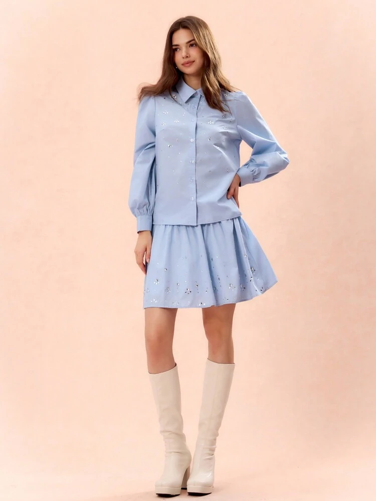 New Autumn Winter Products,Women WithSolid Color Side Zipper Decor Rhinestone Flare Skirt,Fall Winter  Women's Clothing,Mini Skirt