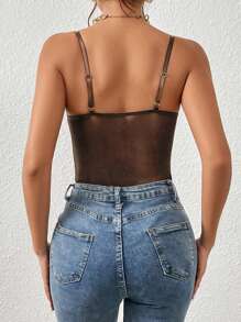 SHEIN Allurite Body de mujer de tirantes con encaje de contraste, sexy y ajustado - Café integral - Ver 2