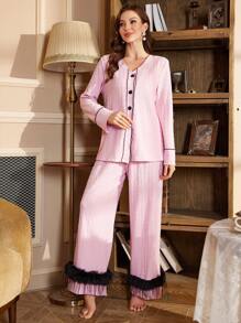 PalaceNights Contrast Color Fringe Fuzz Decor Open Front Long Sleeve Pajama Set For Women - Pink - View 5