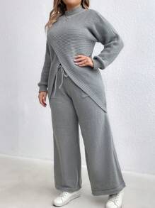 SHEIN LUNE Plus Size Casual Solid Color Stand Collar Cross Wrap Front Sweater And Drawstring Waist Wide Leg Sweater Pants Set Fall Cloth For Women - Grey - View 3