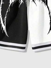 ROMWE MEN Grunge Punk Camiseta con gráfico de esqueleto de dos tonos y pantalones cortos con cordón en la cintura para hombres, escuela - Blanco y Negro - Ver 8