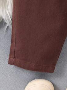 SHEIN 女婴可爱红棕色和棕色牛仔布毛绒内衬胡萝卜裤，羊毛加厚服装，增添温暖，女婴秋冬服装 - 咖啡棕 - 查看 3