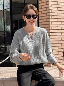 DAZY Women's V-Neck Oversized Long Sleeve Solid Color Casual Sweater For Fall/Winter - Light Grey - View 3