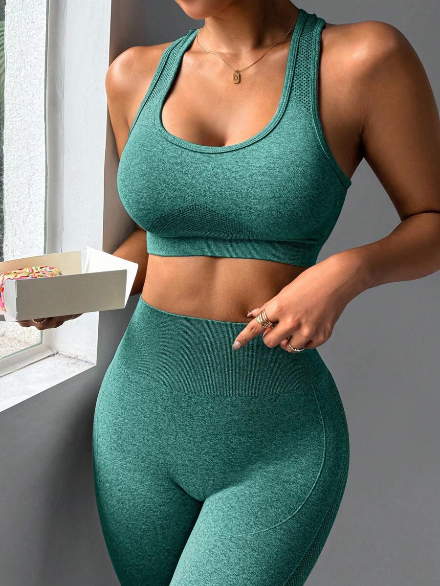 Dewbera Dewbera 女士休闲纯色露背短款背心和高腰紧身裤运动休闲套装健身女士套装女士健身套装女士紧身裤套装 - 綠色 - 查看 1