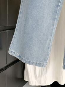 SHEIN 少女休闲波西米亚风假日平底阔腿牛仔裤，腰部平坦，口袋设计，日常穿着 - 中等水洗藍 - 查看 8