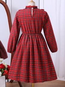 Plus Size Tween Girls Christmas Elegant Ruffle Bow Plaid Long Sleeve Waisted Dress, Suitable For Party Occasions - Burgundy - View 2