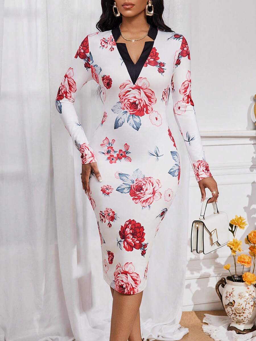 SHEIN Lady Floral Print V Neck Fitted Dress, Elegance For Autumn/Winter - Multicolor - View 1