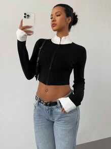 Aloruh Women's Fashionable Casual Black & White Contrast Zip Up Front Crop Knit Sweater, New Arrival For Autumn/Winter - Multicolor - View 2
