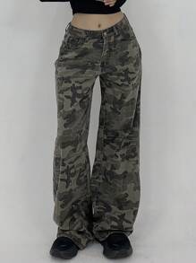 DAZY Loose Fit Flare Leg Long Jeans For Women, Camo Denim Pants