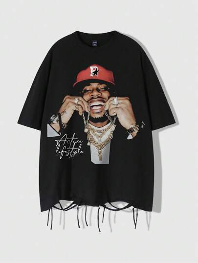 Street Life Men's Letter & Figure Print Distressed Effect T-Shirt, Casual Wear For Spring & Summer, 2000s Style