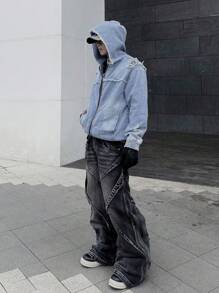 Manfinity EMRG 男士仿旧洗水拉链牛仔夹克，适合休闲外出 - 藍色 - 查看 3