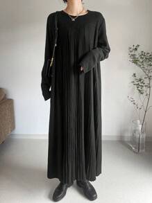 FRIFUL 女士休闲纯色圆领宽松长裙，秋季长袖连衣裙