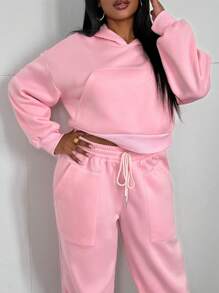 Maweii Conjunto de 2 piezas talla grande: sudadera holgada con bolsillo delantero y pantalón con cintura elástica para mujer, conjunto de atuendo informal - Rosa Pálido - Ver 4