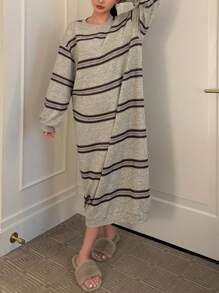 DAZY Fleece Floral Striped Loose Fit Lounge Dress For Winter, Moo Moo, For Fall Winter Pajama, Cozy Outfit