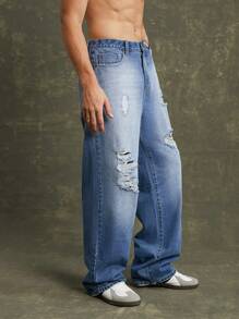 Men Premium 91% Cotton Denim Ripped Straight Leg Jeans
