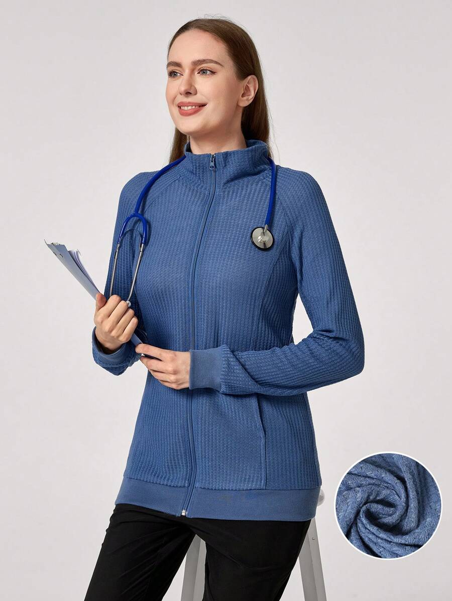 TaskEZ Solid Color Stand Collar Zip-Up Front Long Sleeve Casual Healthcare Uniform Scrub Jacket - Blue - View 1