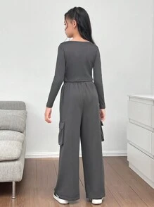 2 piezas Conjunto de top de manga larga con estampado de alas y pantalón cargo de canalé suave y cálido para niñas preadolescentes, otoño