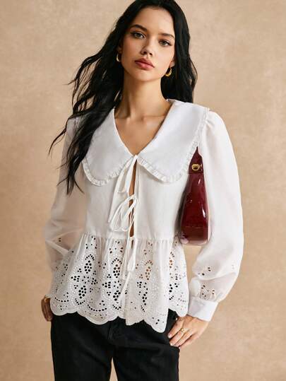 Poéselle Blusa elegante de manga larga con cuello de volantes, entredós bordado, bajo ondulado y lazo en el centro delantero, elegancia cotidiana