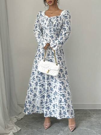 Rafferiza Elegant Floral Print Square Neck Dress With Ruffle Trim, Ruffle Sleeve, Pearl Button Decor, Suitable For Spring & Autumn Maxi Women Outfit Fall Cloth For Women