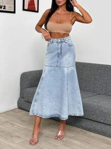 EURMUSE High Waist Flared Hem Denim Skirt - Blue - View 6