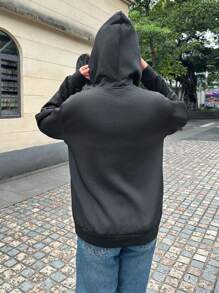SHEIN EZwear Áo hoodie lót lông cừu có khóa kéo vai mới dành cho nữ - màu đen - Xem 2