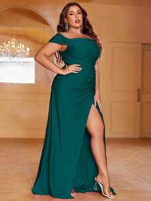 Faeriesty Plus Size Off-Shoulder Draped Ruffle Hem Dress, Elegant Formal Evening Gown For Weddings, Galas, Graduation Ceremonies And Other Formal Occasions - Dark Green - View 4