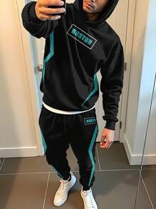 SHEIN 2 件波士顿青少年男孩字母图案休闲宽松保暖内衬连帽衫套装，适合秋冬季 - 彩色 - 查看 1