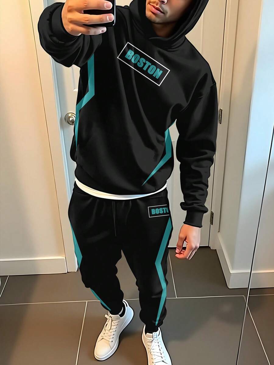 SHEIN 2 件波士顿青少年男孩字母图案休闲宽松保暖内衬连帽衫套装，适合秋冬季 - 彩色 - 查看 1