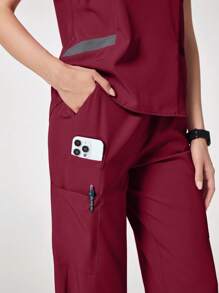 TaskEZ 勃艮第红撞色短袖上衣和裤子护理服套装