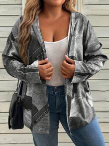 SHEIN LUNE 冬季服装加大码秋季休闲补丁和印花蓝色拉链连帽衫外套带口袋 - 灰色 - 查看 5