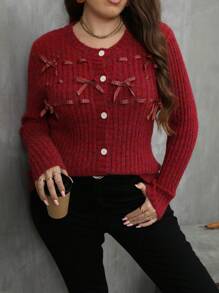 SHEIN LUNE Plus Size Bow Decor Round Neck Front Button Long Sleeve Cardigan