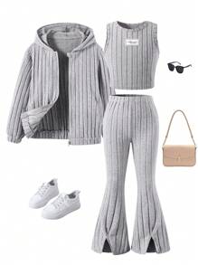 SHEIN 3pcs/Set Girls Solid Color Knitted Cardigan Jacket, Embroidered Vest And Pants, Autumn/Winter