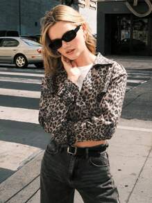 SHEIN EZwear 女士秋冬纯棉人字纹印花宽松短款风衣 - 棕色 - 查看 4