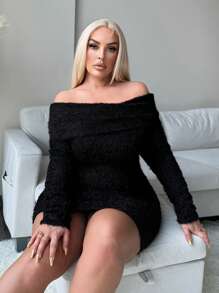 SHEIN SXY Vestido corto y esponjoso de manga larga de talla grande para mujer, ajustado y de cuello alto, cómodo y casual, para otoño/invierno, color negro - Negro - Ver 6