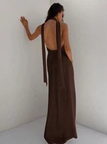 Aloruh Women's Deep V Neck Backless Dress With Draped Sash, A-Line Flowy Chiffon Wedding Party Vacation Summer Dress