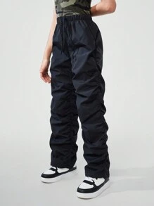 SHEIN Tween Girls' Fashionable Ruched Drawstring Design Long Pants, Black - Black - View 4