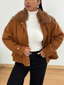 Flirla Plus Size Solid Color Fluffy Patchwork Fox Fur Collar Winter Clothes Casual Padded Padded Coat - Brown - View 4