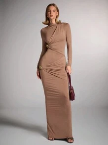 SHEIN BAE Women's Solid Color Stand Collar Metal Decoration Long Sleeve Ruffle Maxi Fitted Elegant Dress Long Fall Party Women Dresses