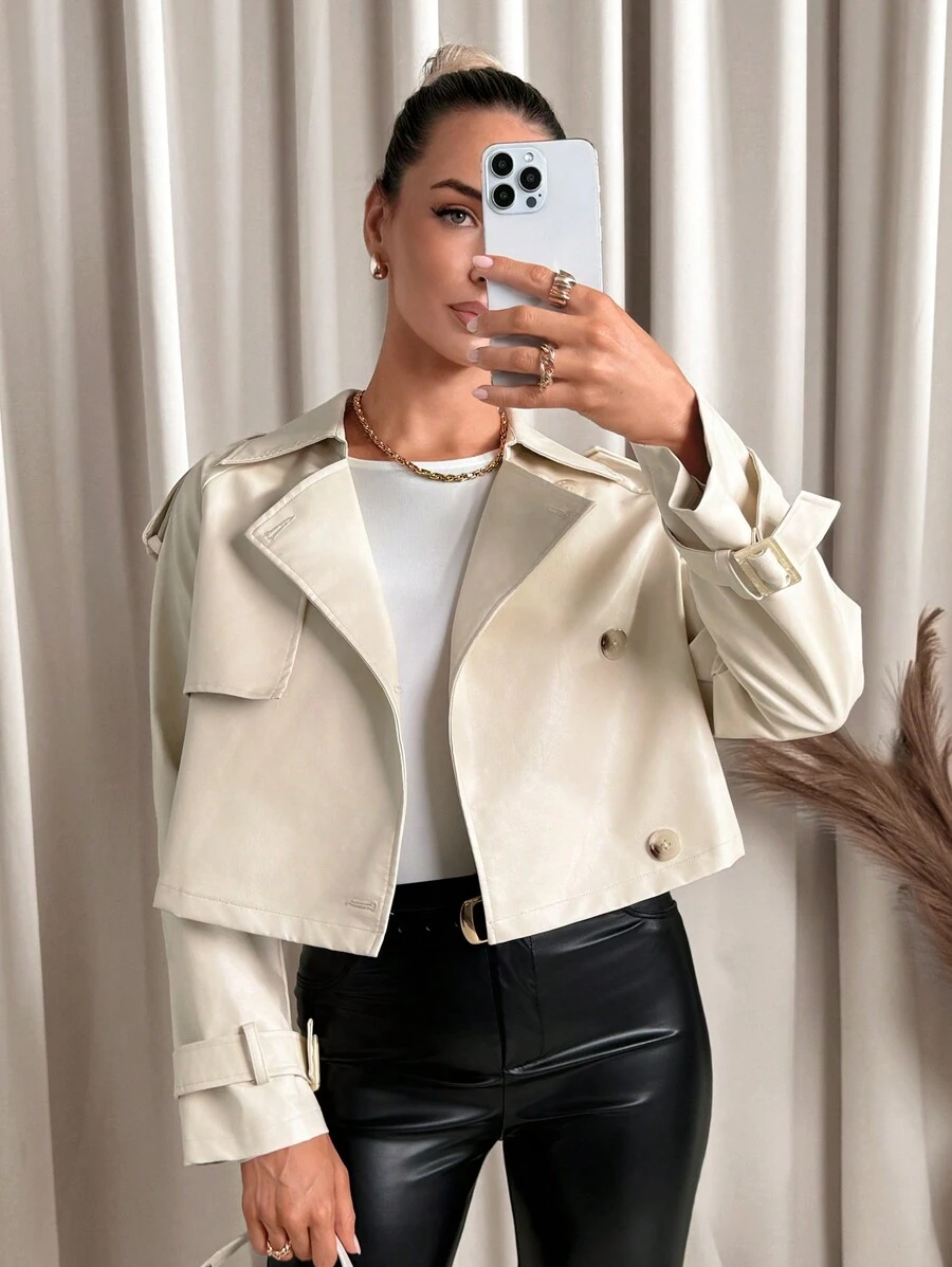 SHEIN Clasi Áo khoác ngắn PU ve be cho nữ - Màu be - Xem 1