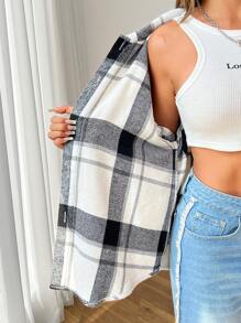 SHEIN PETITE Blusa de manga larga con botones delanteros a cuadros para mujer, uso casual diario - Blanco y Negro - Ver 8